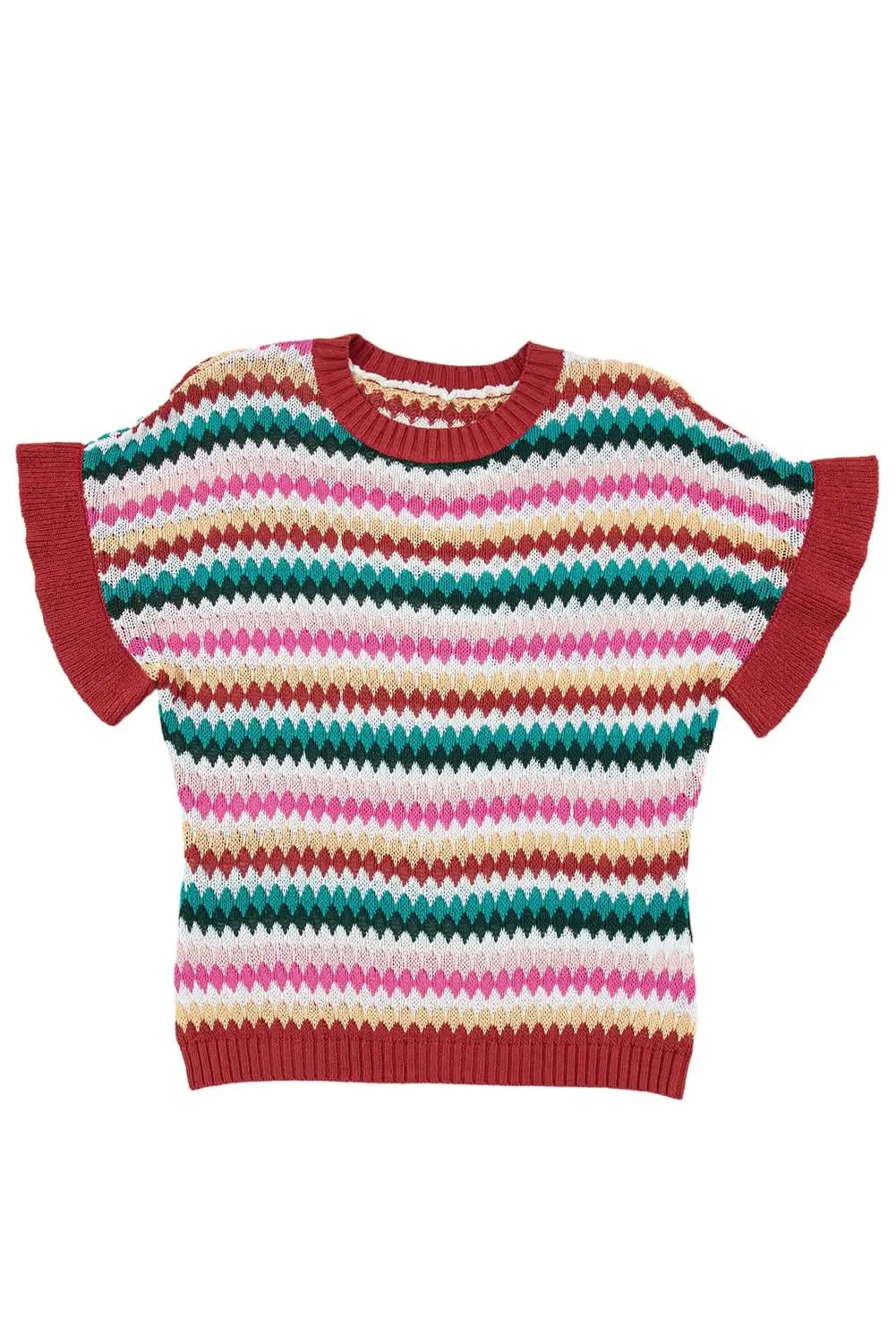 Fiery Red Trimmed Ruffle Sleeve Colorful Textured Sweater - Love Salve